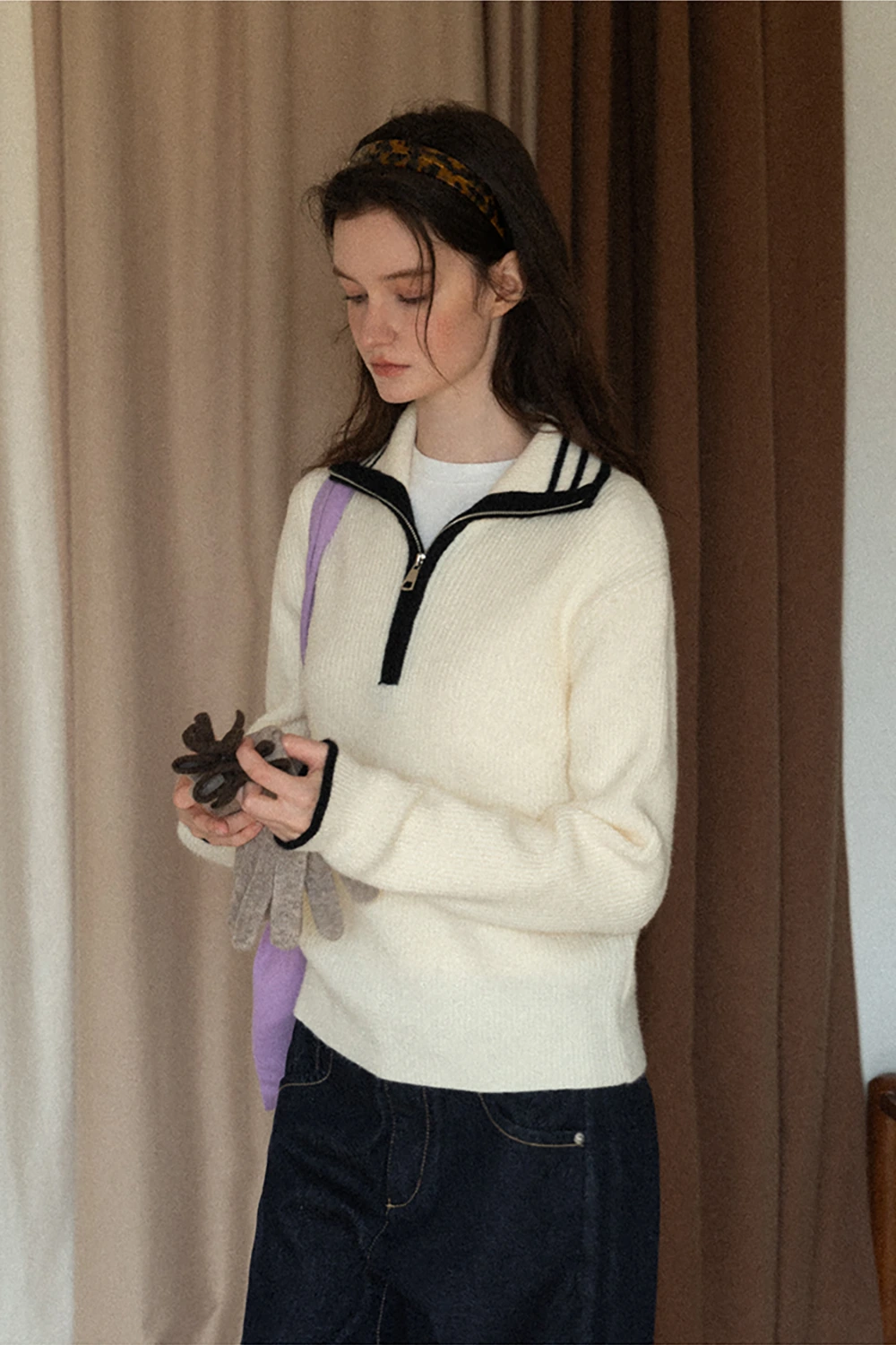 Women’s Sailor Collar Half Zip Sweater