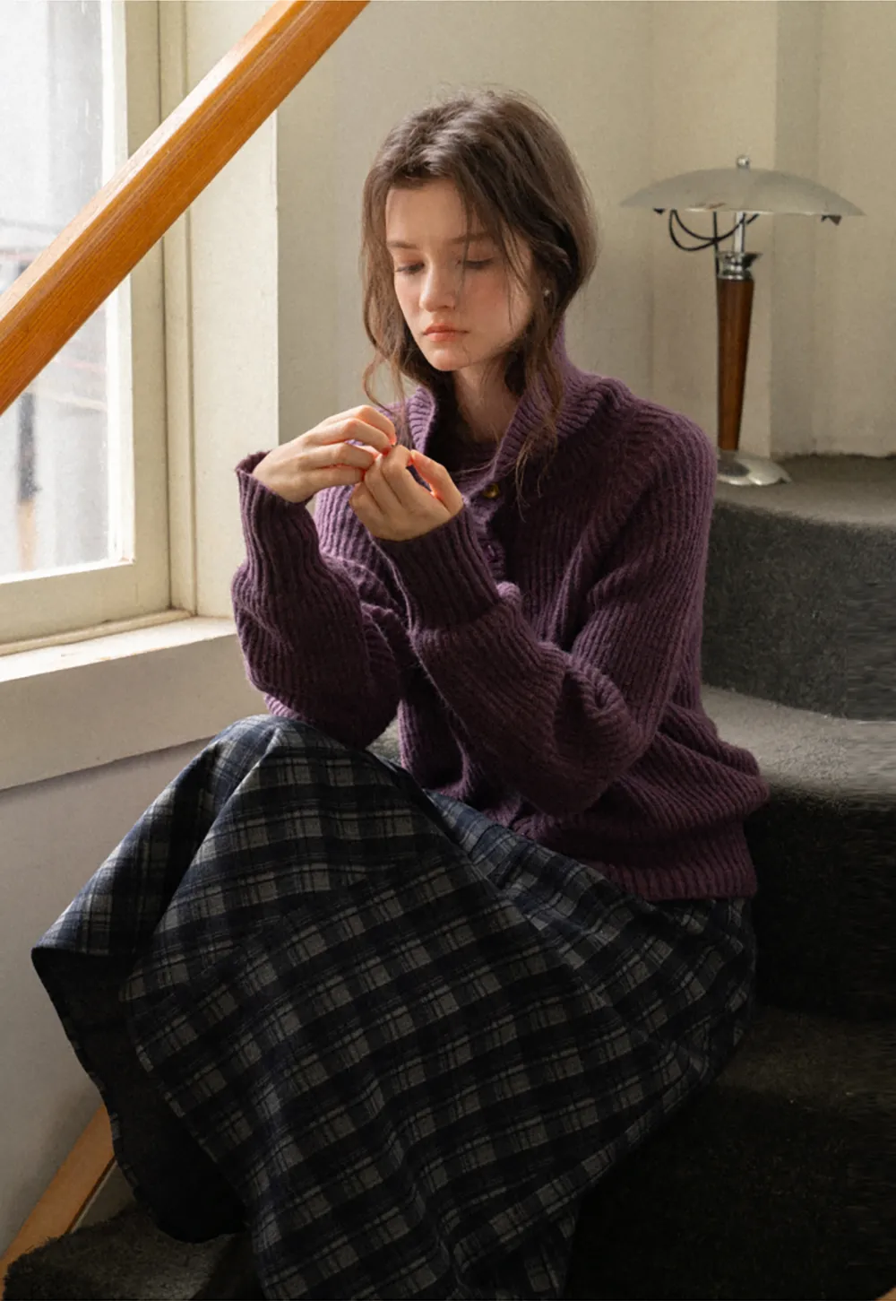 Color Button High Neck Ribbed Cardigan