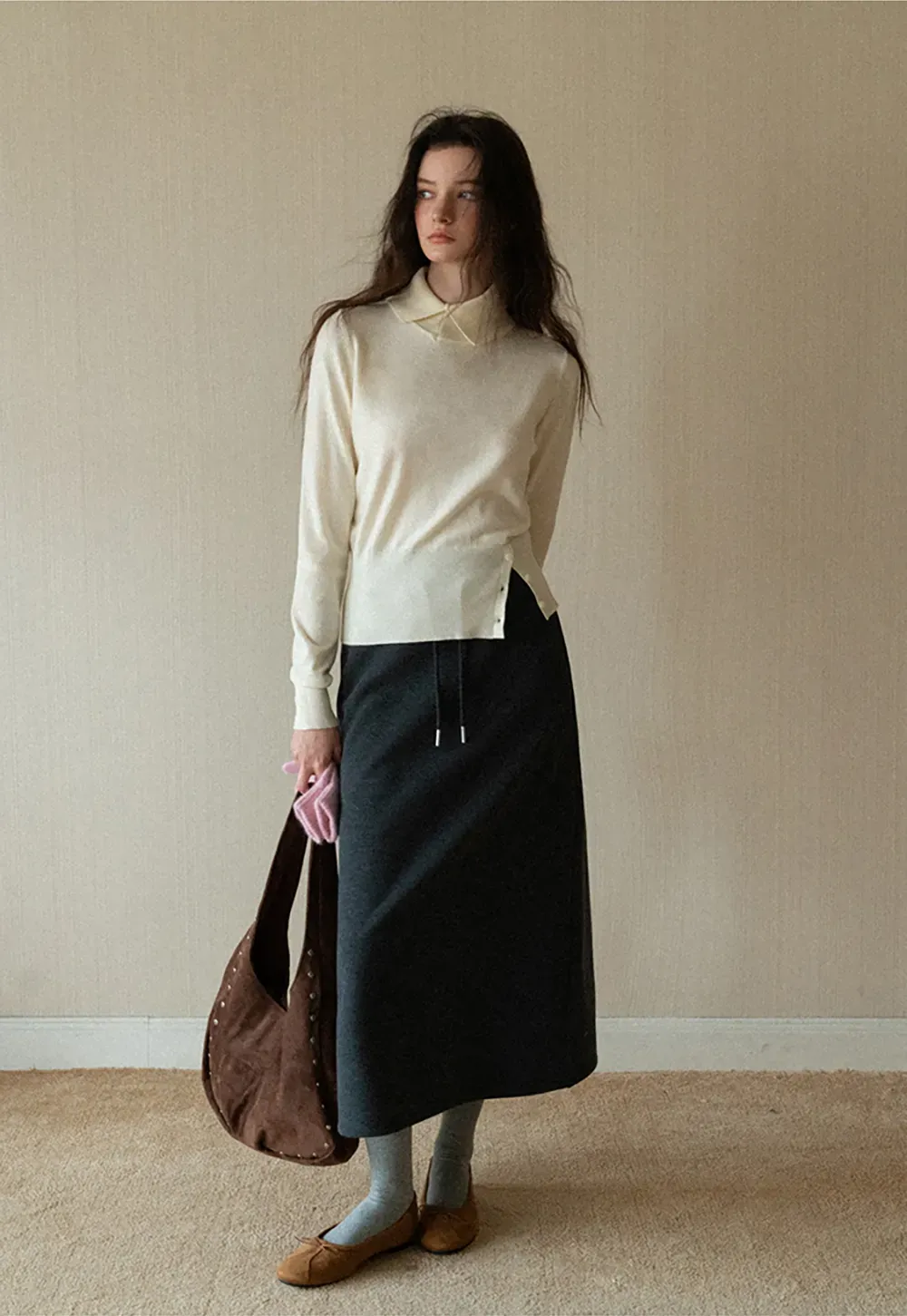 Collar Detail Knit Sweater with Side Button Hem