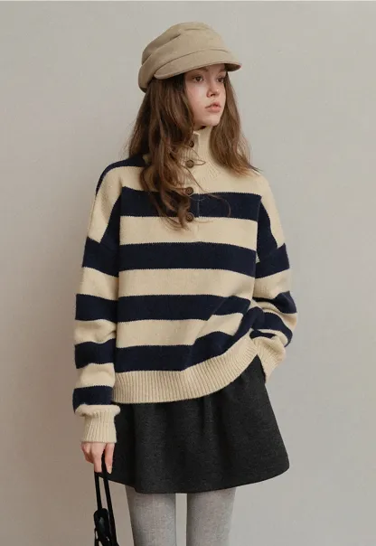 Striped Button-Down Sweater with Cozy Collar