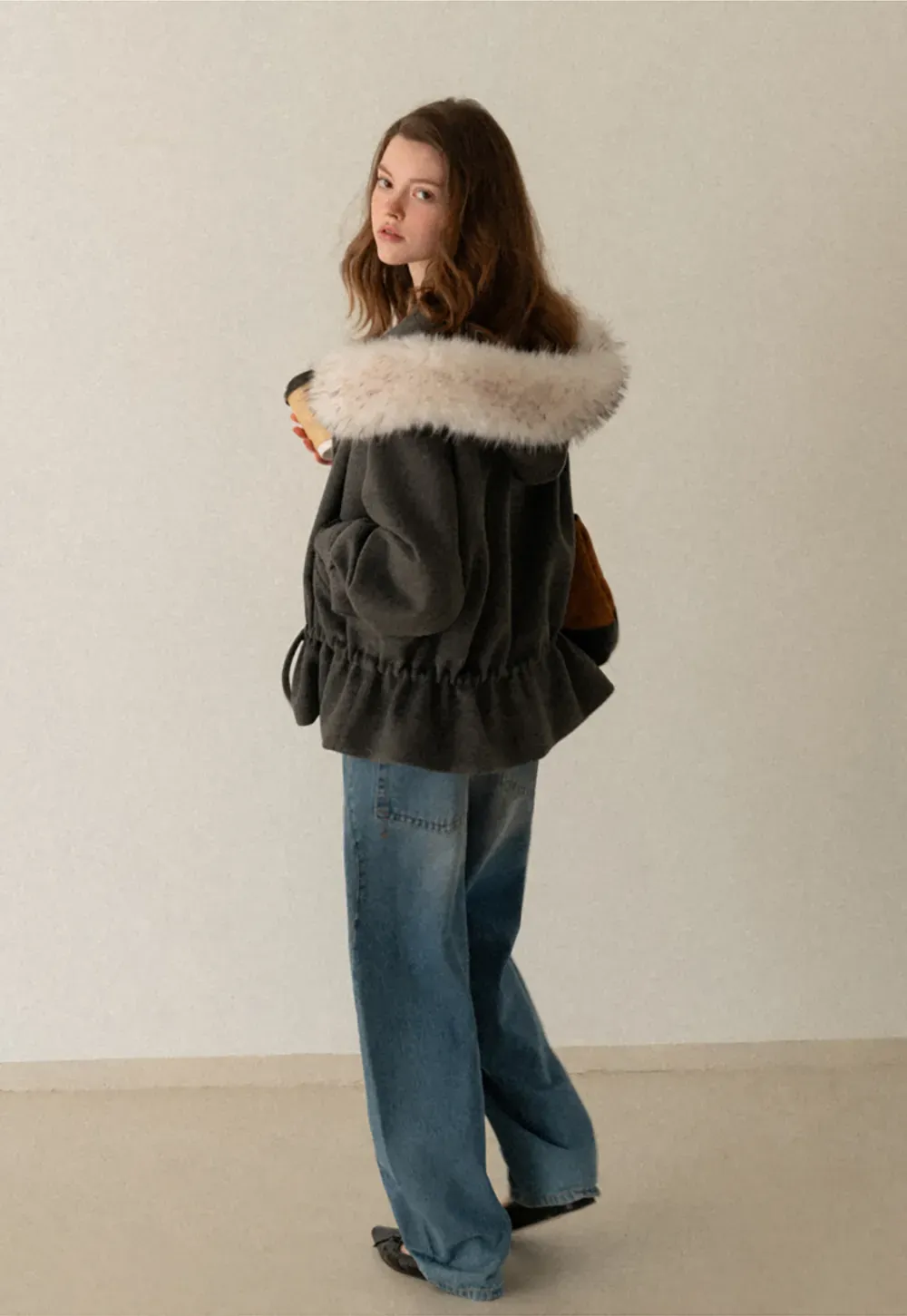 Faux-Fur Trim Hooded Charcoal Jacket