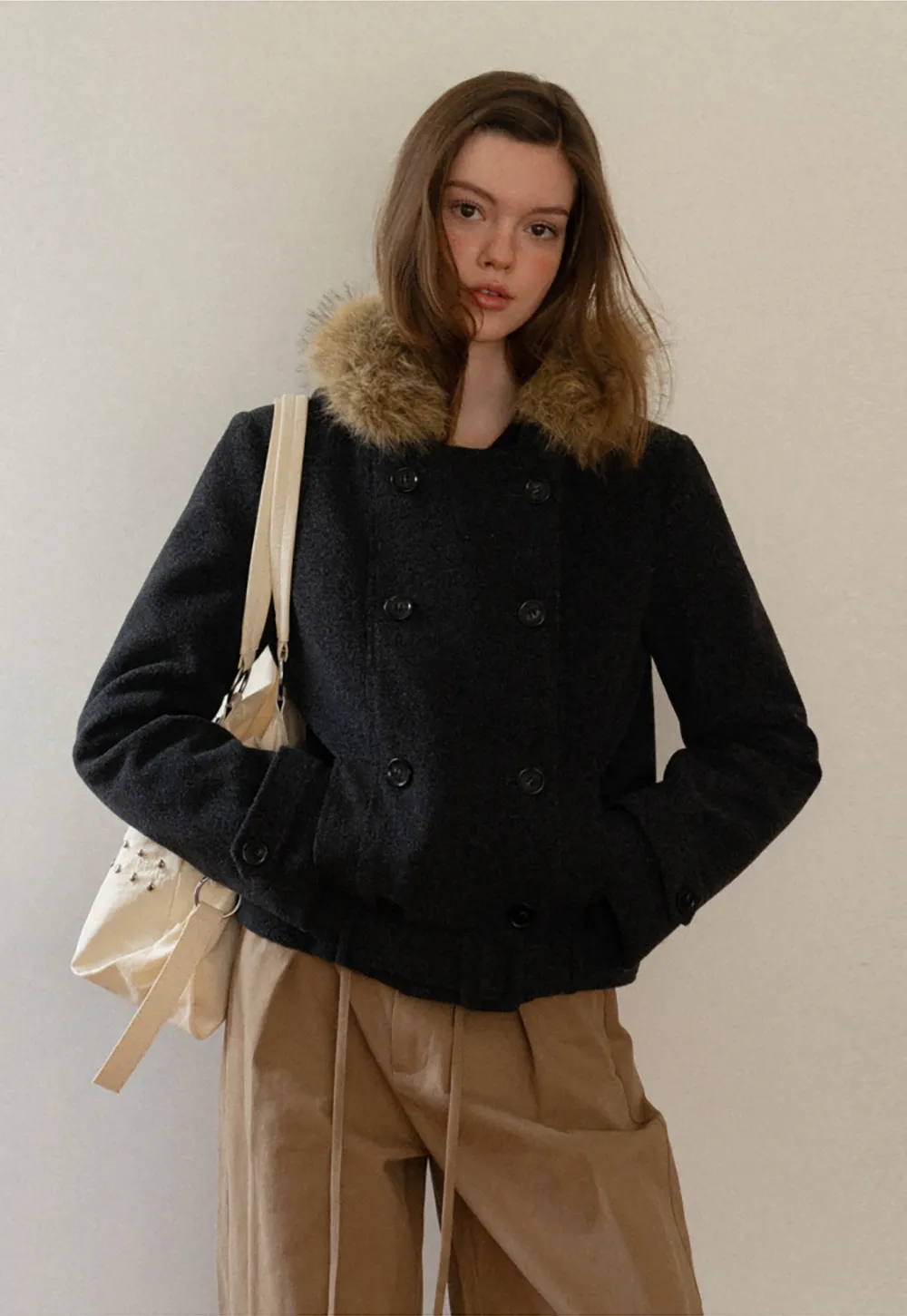 Hooded Wool Coat with Quilted Lining and Wool Collar
