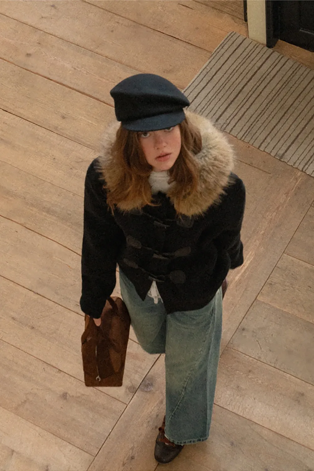 Faux Fur Hooded Cable Knit Sweater