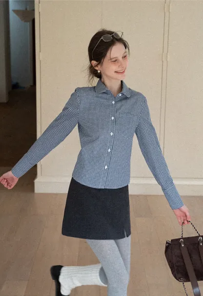 Women Classic Gingham Checkered Button-Up Shirt