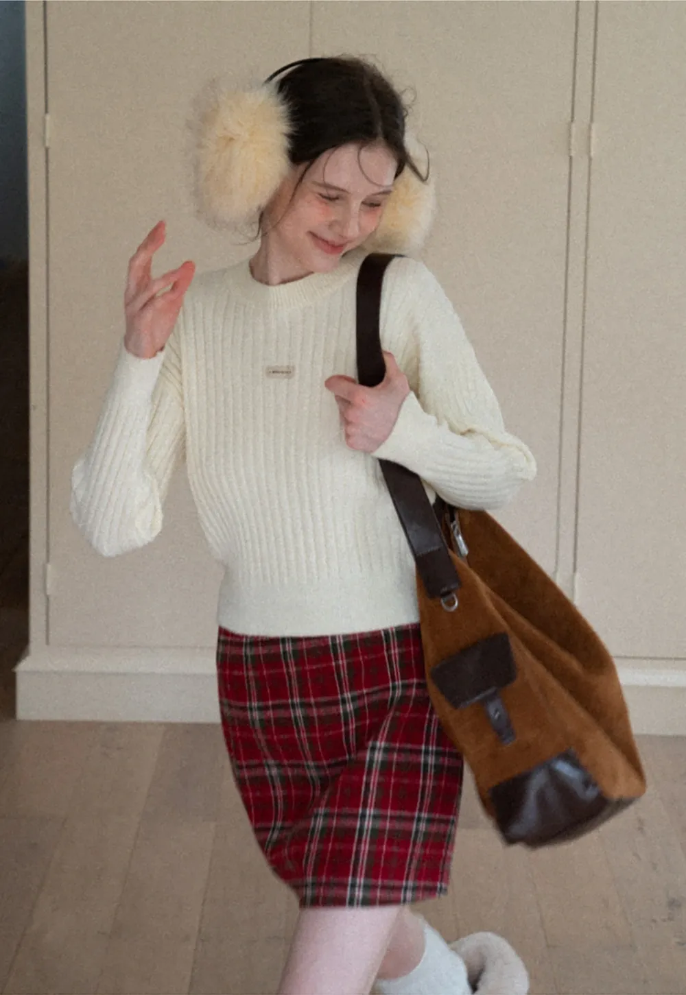 Plaid Mini Skirt and Knee-High Boots Casual Style