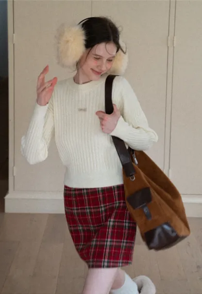 Plaid Mini Skirt and Knee-High Boots Casual Style