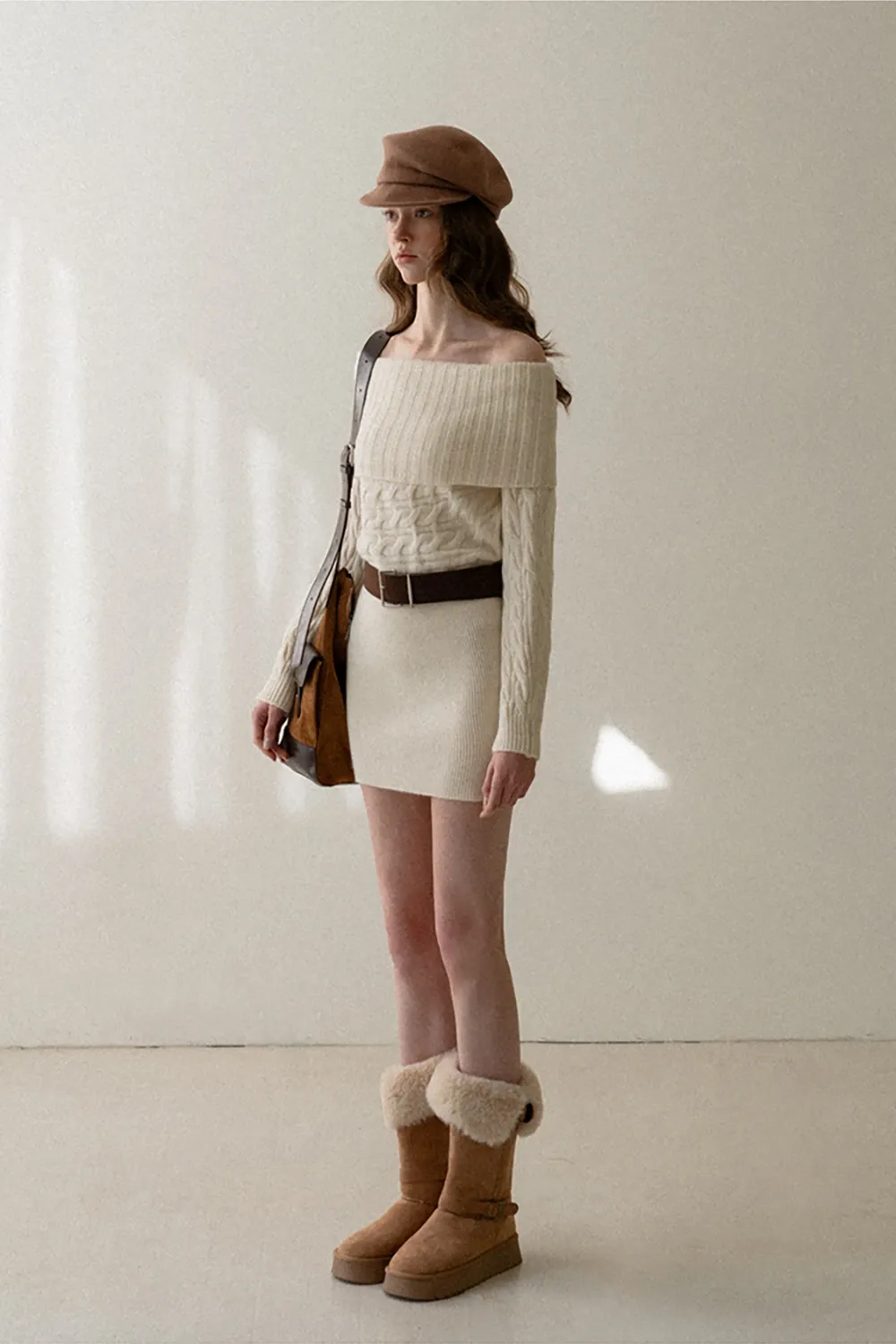 Off-Shoulder Cable Knit Waist-Cinching Dress