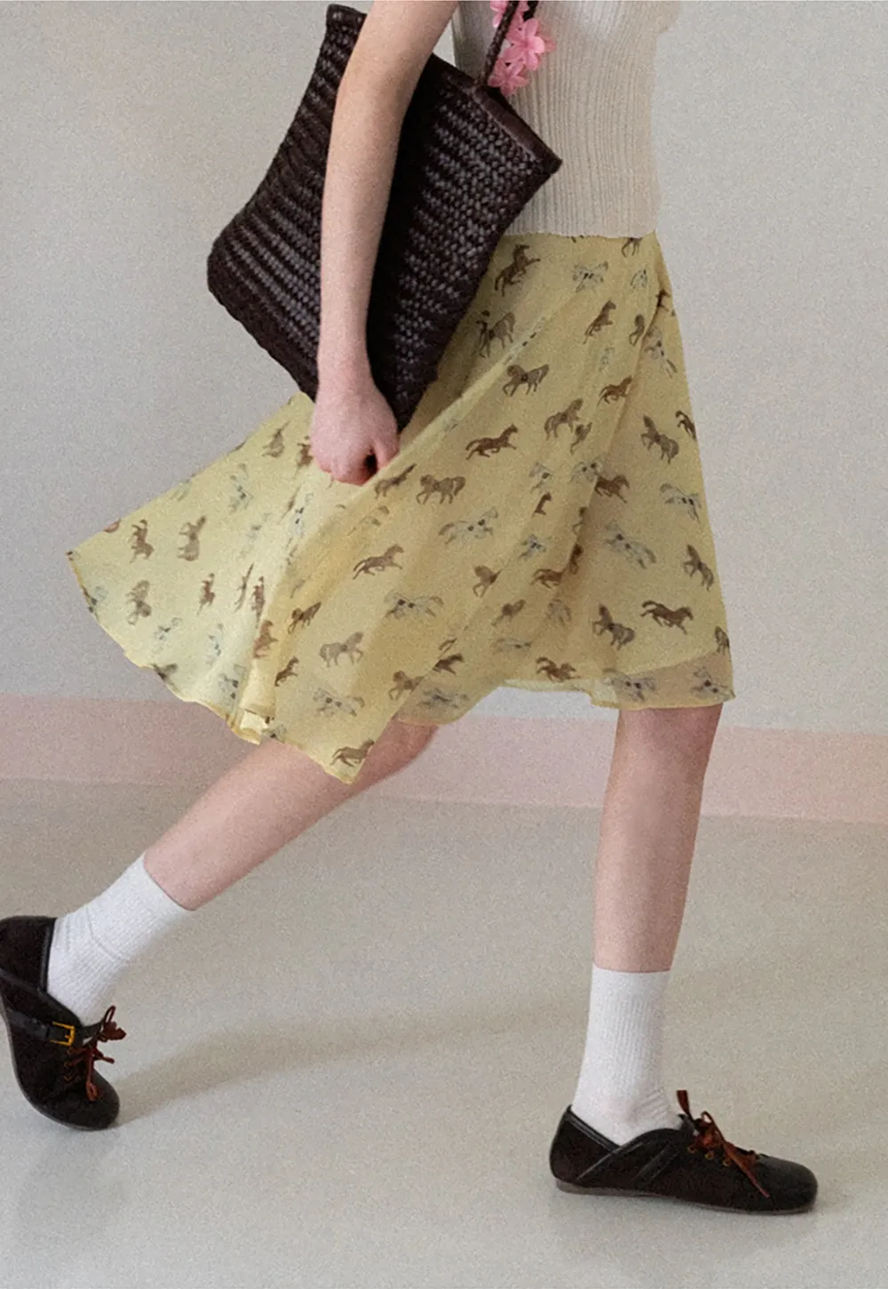 Horse Print Flared Midi Skirt