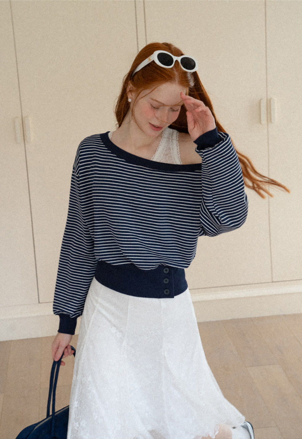 Off-the-Shoulder Striped Sweatshirt and Lace Tank Top Set