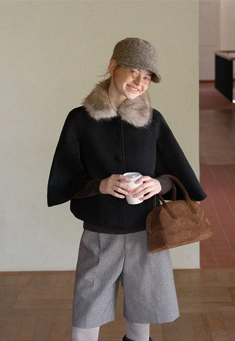 Faux Fur Trimmed Cape Wool Coat