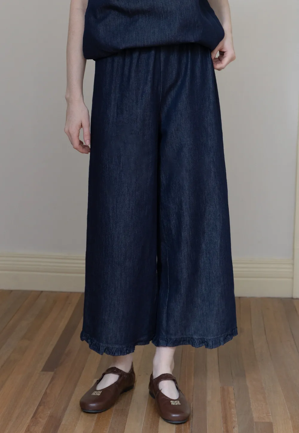 Sleeveless Denim Top and Wide-Leg Pants Set