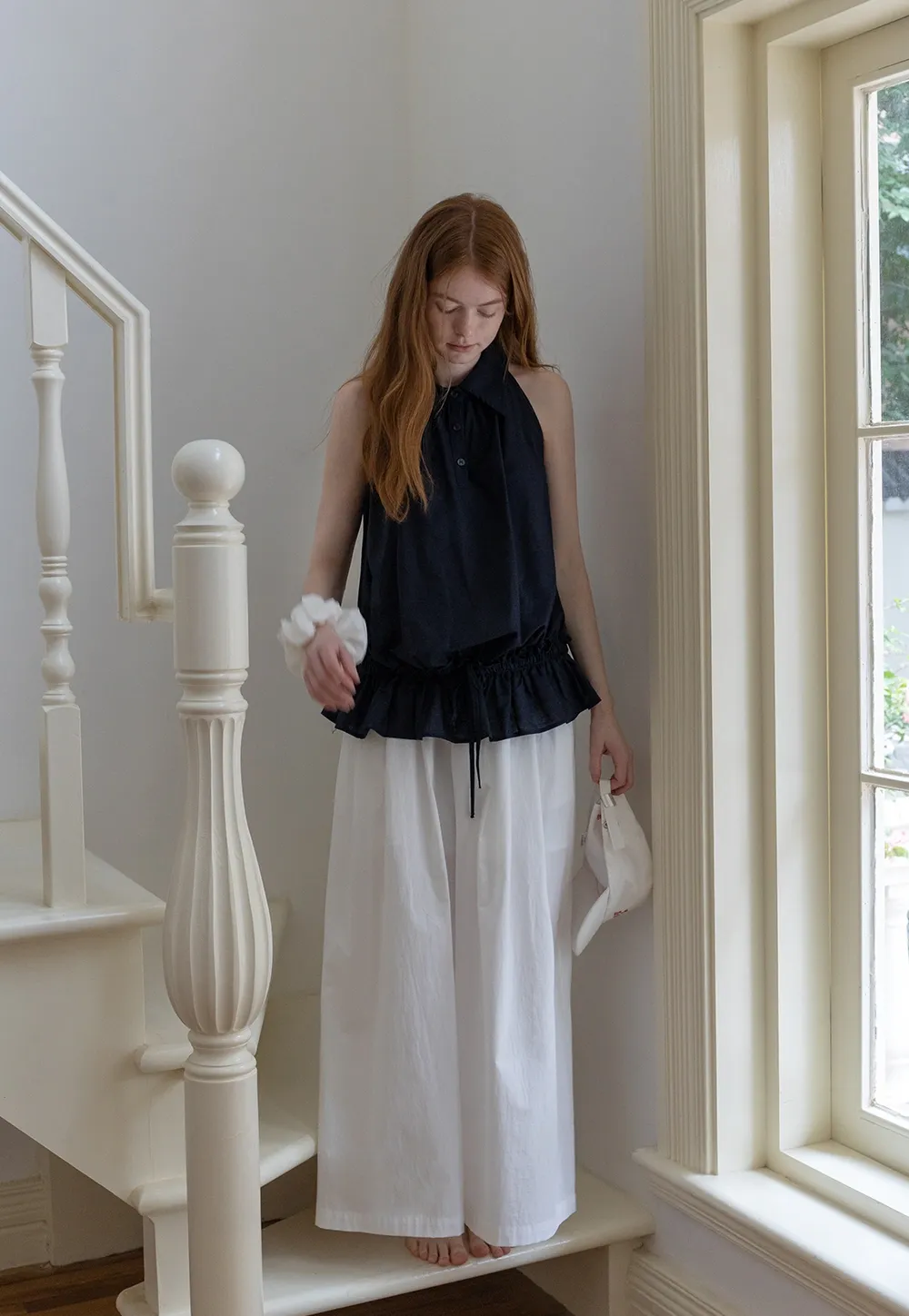 Drawstring Hem Sleeveless Collared Top