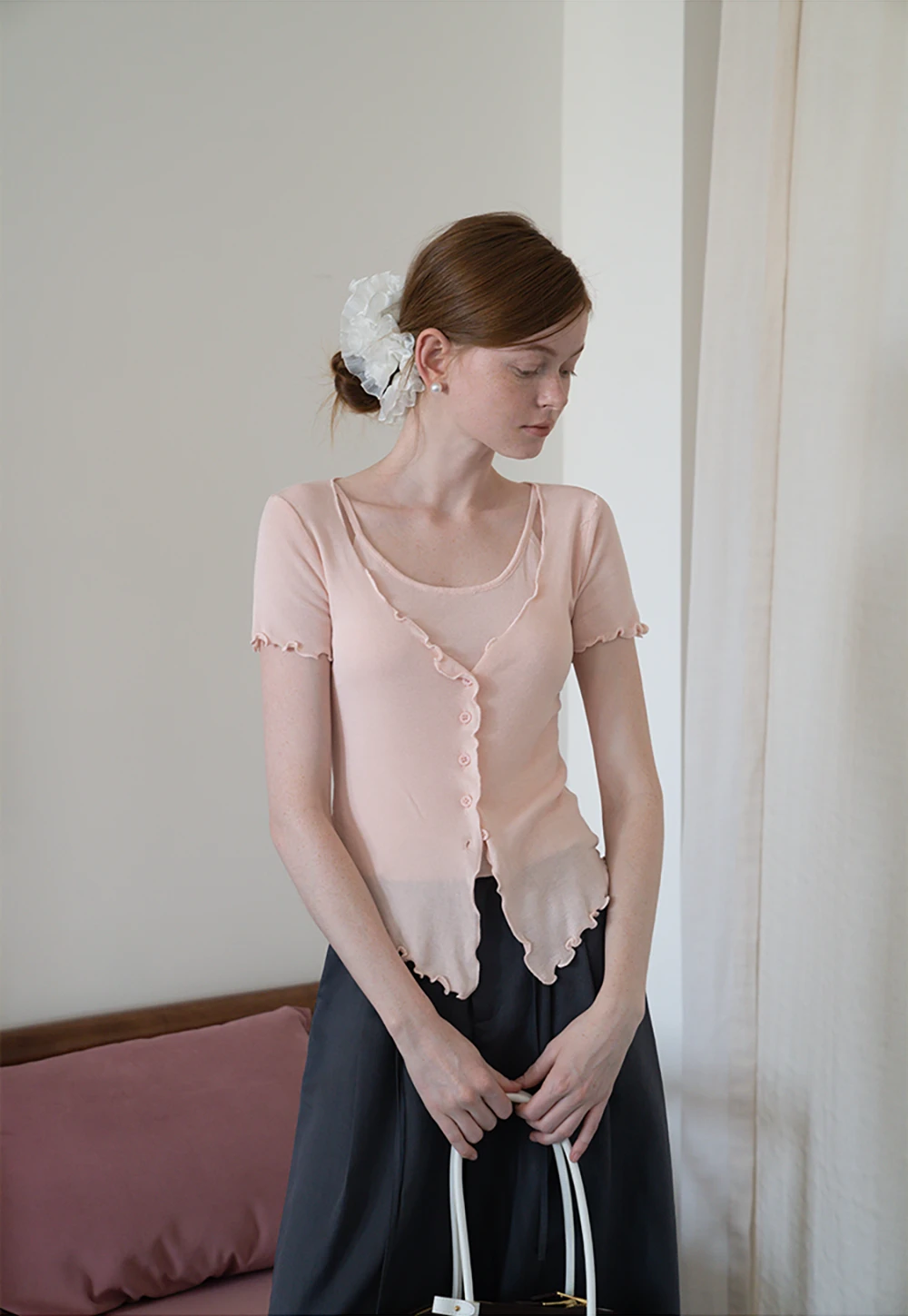 Women’s Ruffle Hem Button Down Knit Top