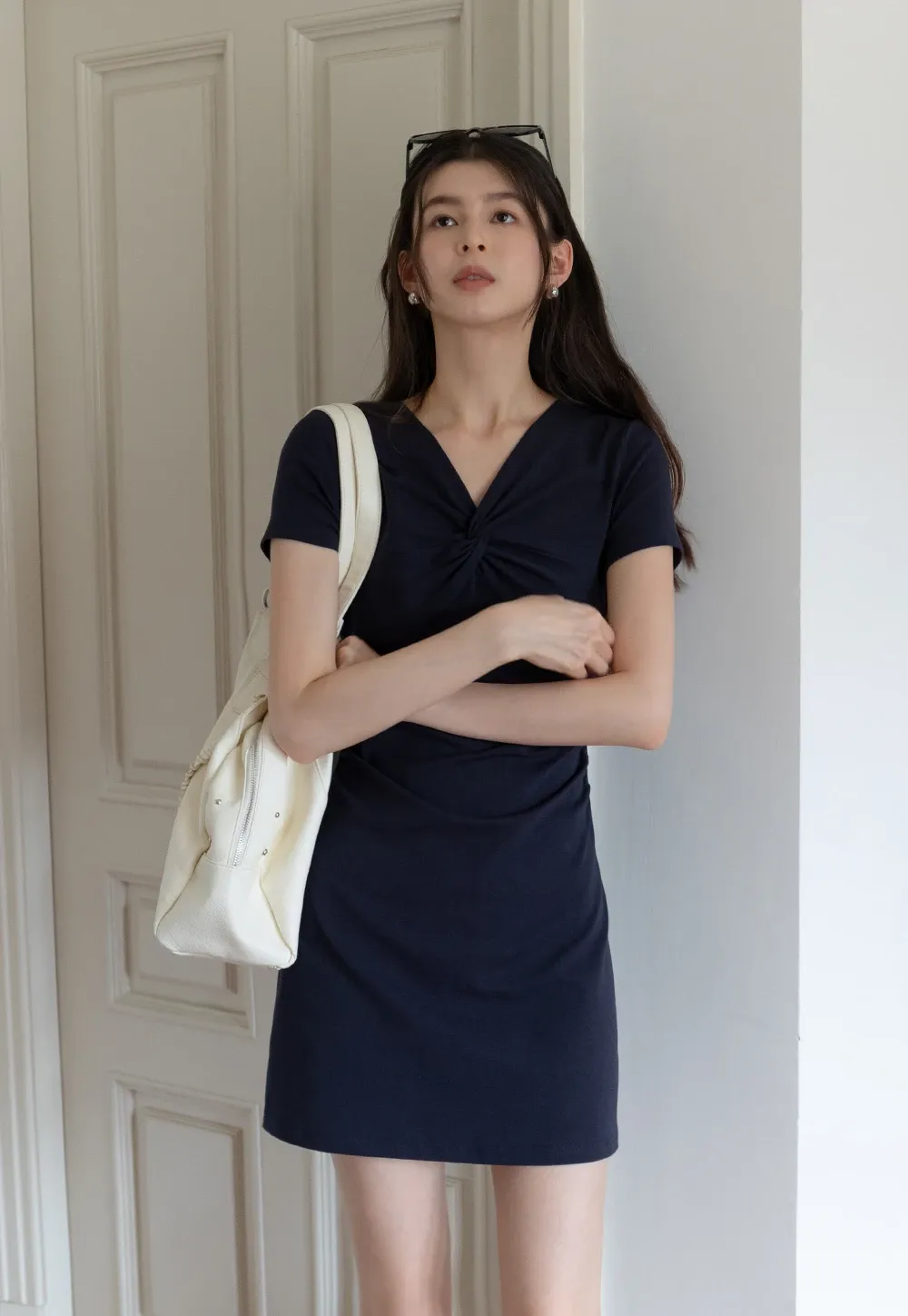 Women's Twist Front Short Sleeve Mini Dress Ruched Slim Fit