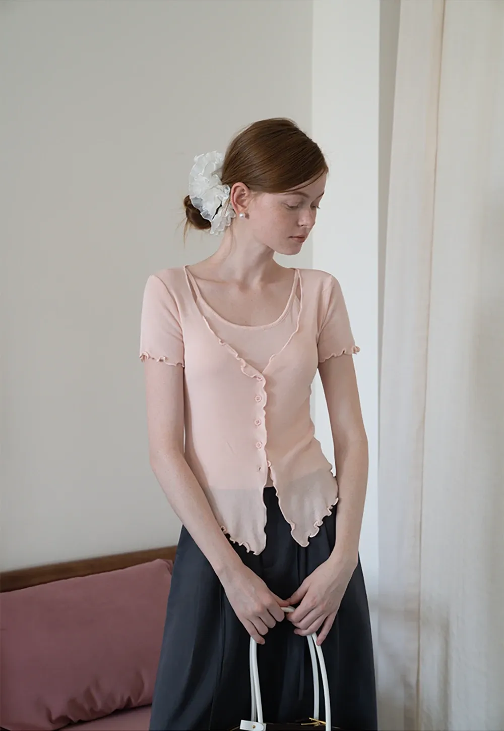 Women’s Ruffle Hem Button Down Knit Top