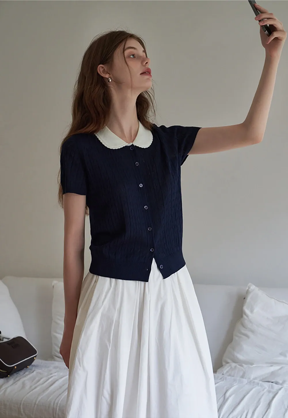 Women's Contrast Peter Pan Collar Cable Knit Cardigan