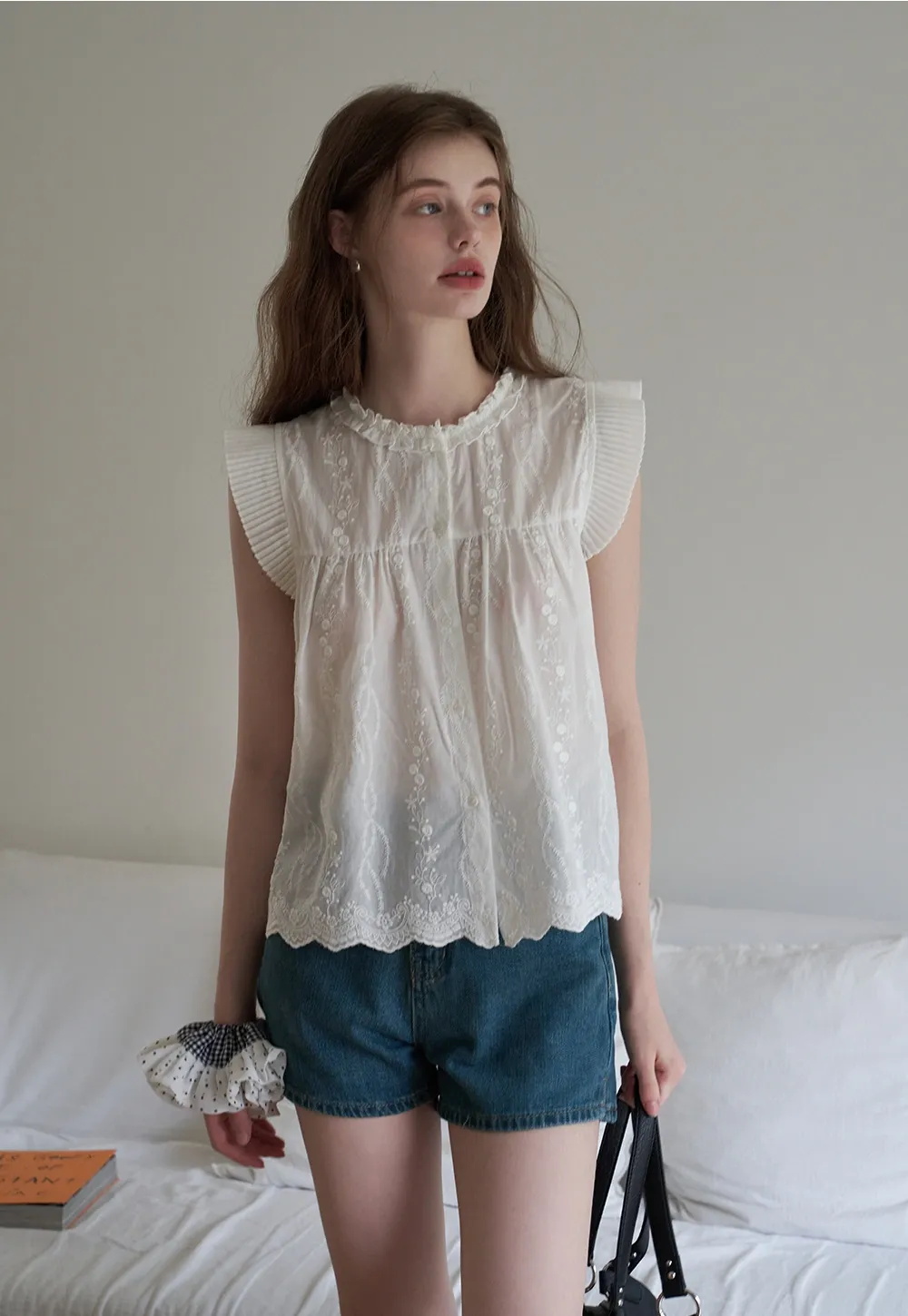 Women's Embroidered Ruffle Cap Sleeve Babydoll Blouse