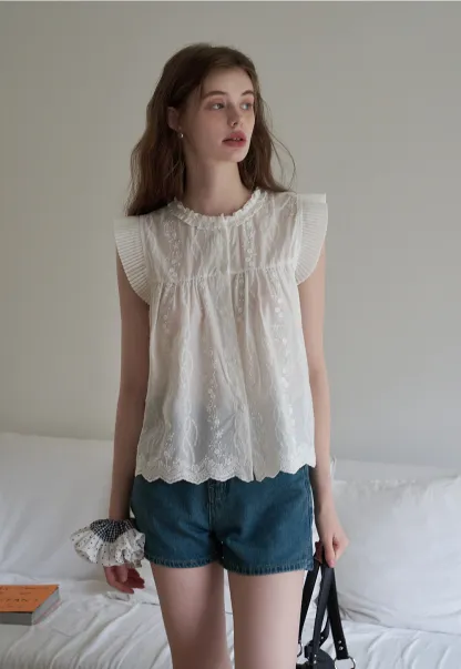 Women's Embroidered Ruffle Cap Sleeve Babydoll Blouse
