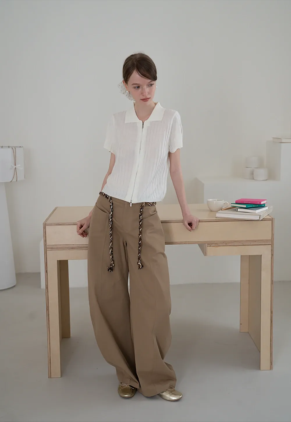 Wide-Leg Trousers with Braided Drawstring Detail