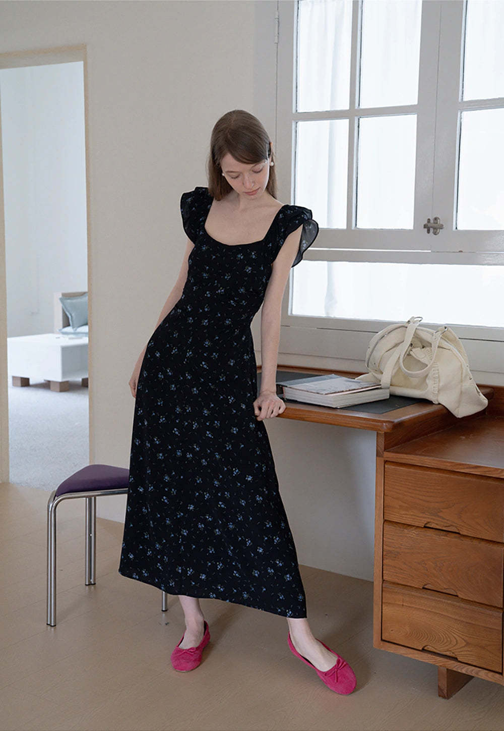 Floral Ruffle Sleeve Midi Dress