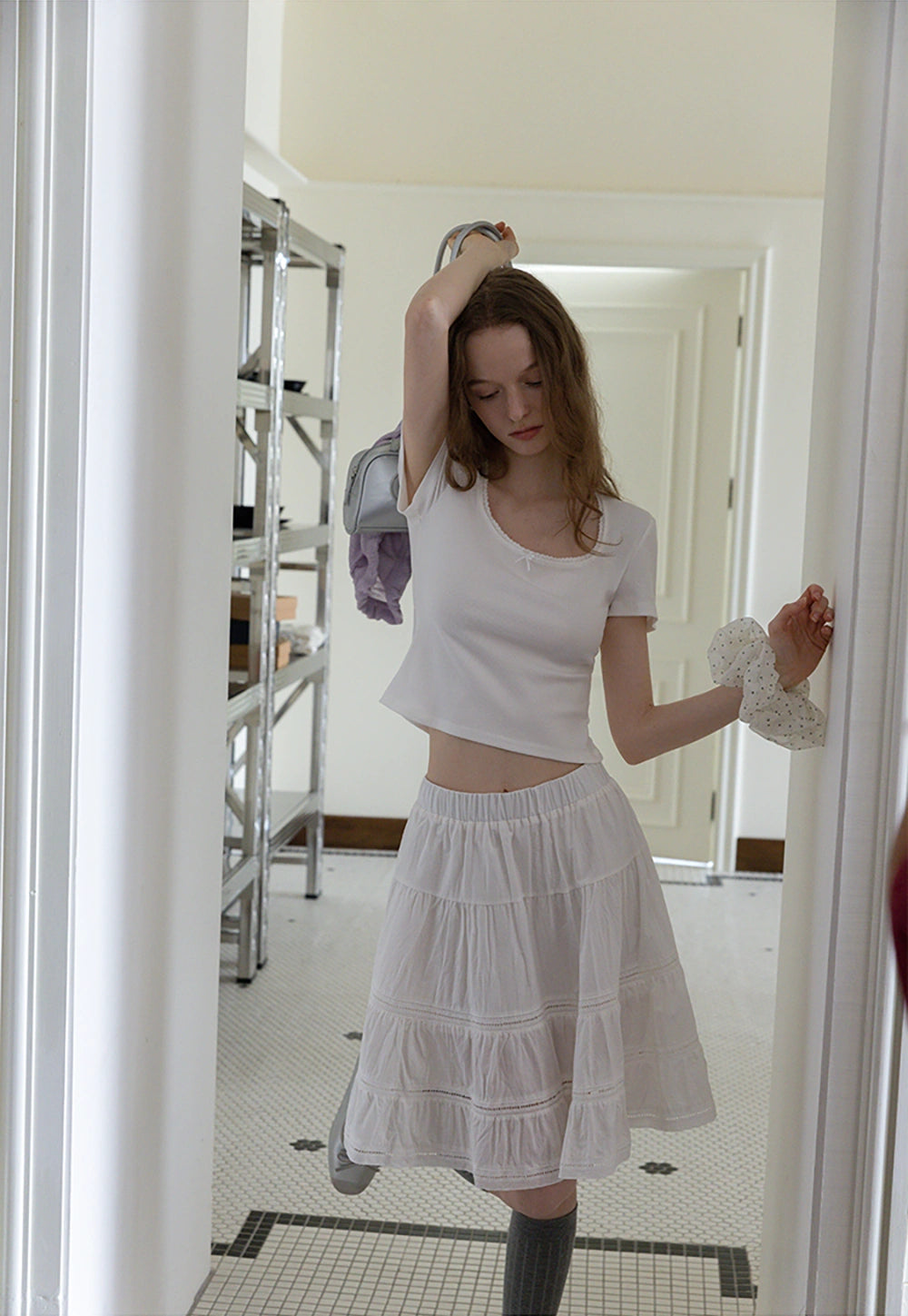 Square Neck Ribbed Tee with Bow Detail
