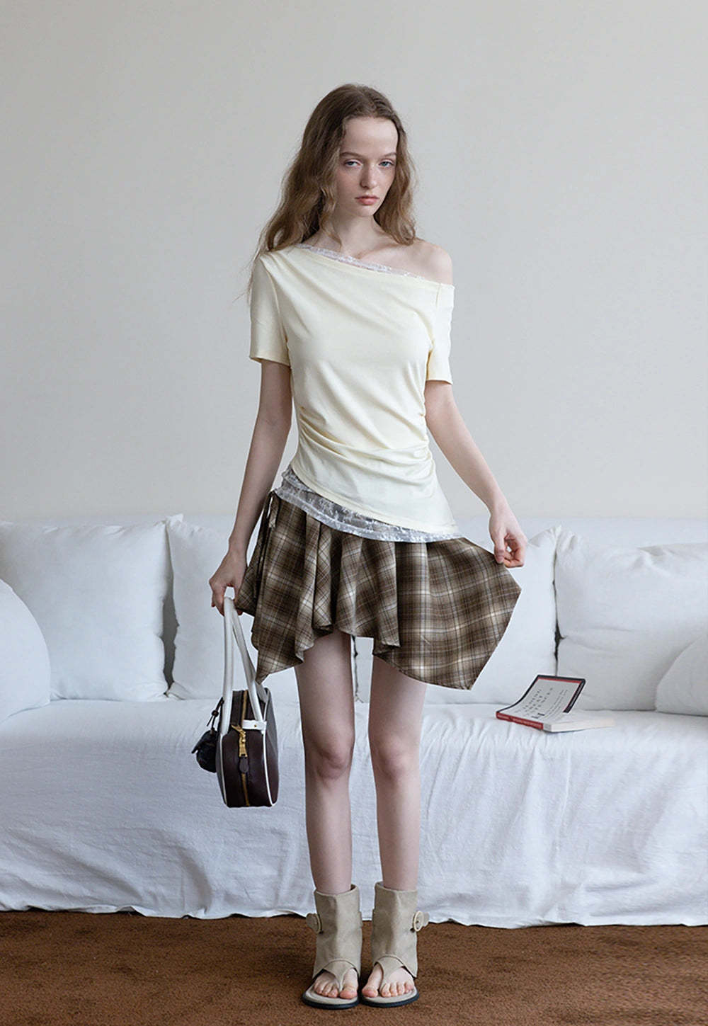Asymmetrical Off-Shoulder Tee with Lace Hem