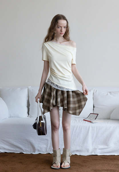 Asymmetrical Off-Shoulder Tee with Lace Hem