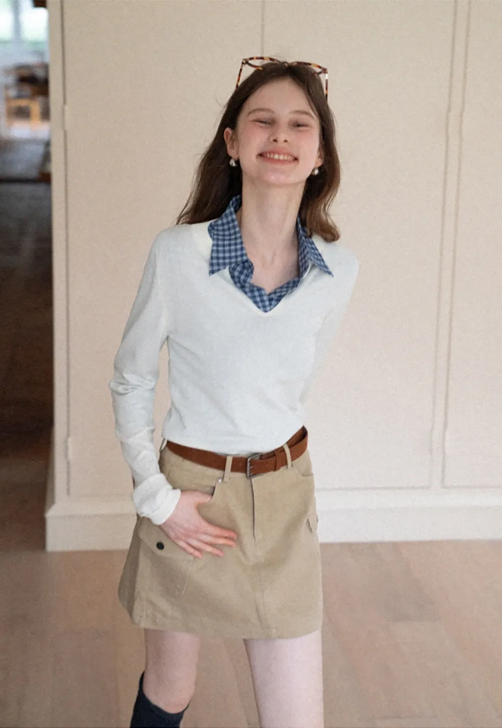 Women's V-Notch Long Sleeve Knit Top