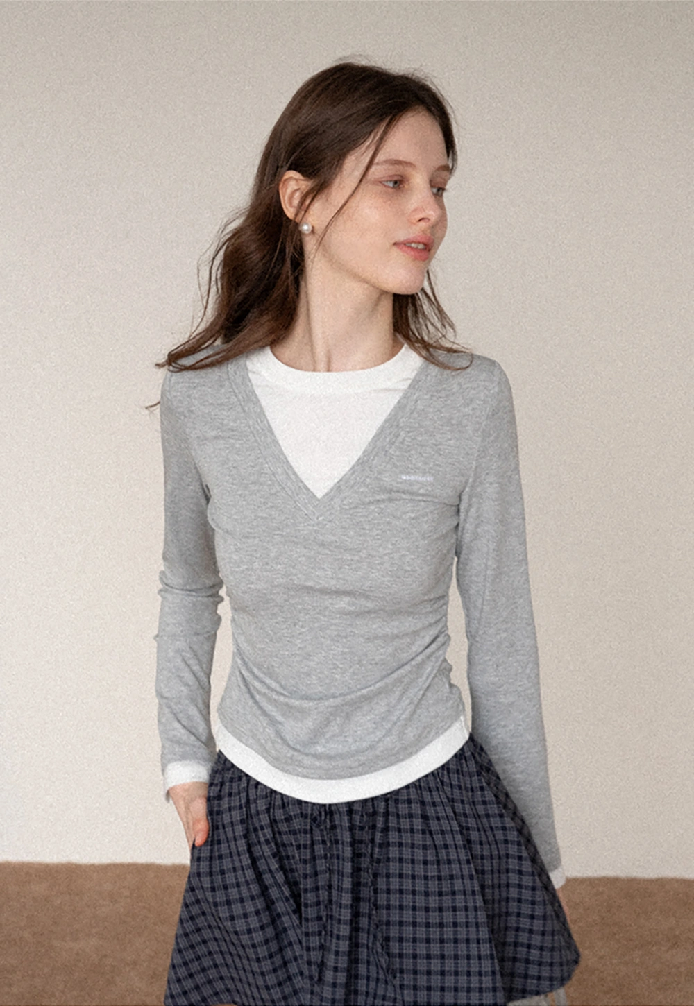 Women's Layered V-Neck Ruched Long Sleeve Top