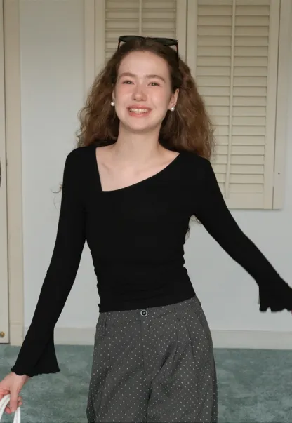 Womens Asymmetrical Neck Slim Fit Long Sleeve Top