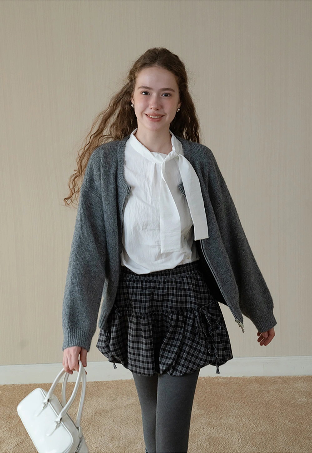 Womens Gingham Bow Tie Blouse Long Sleeve Shirt