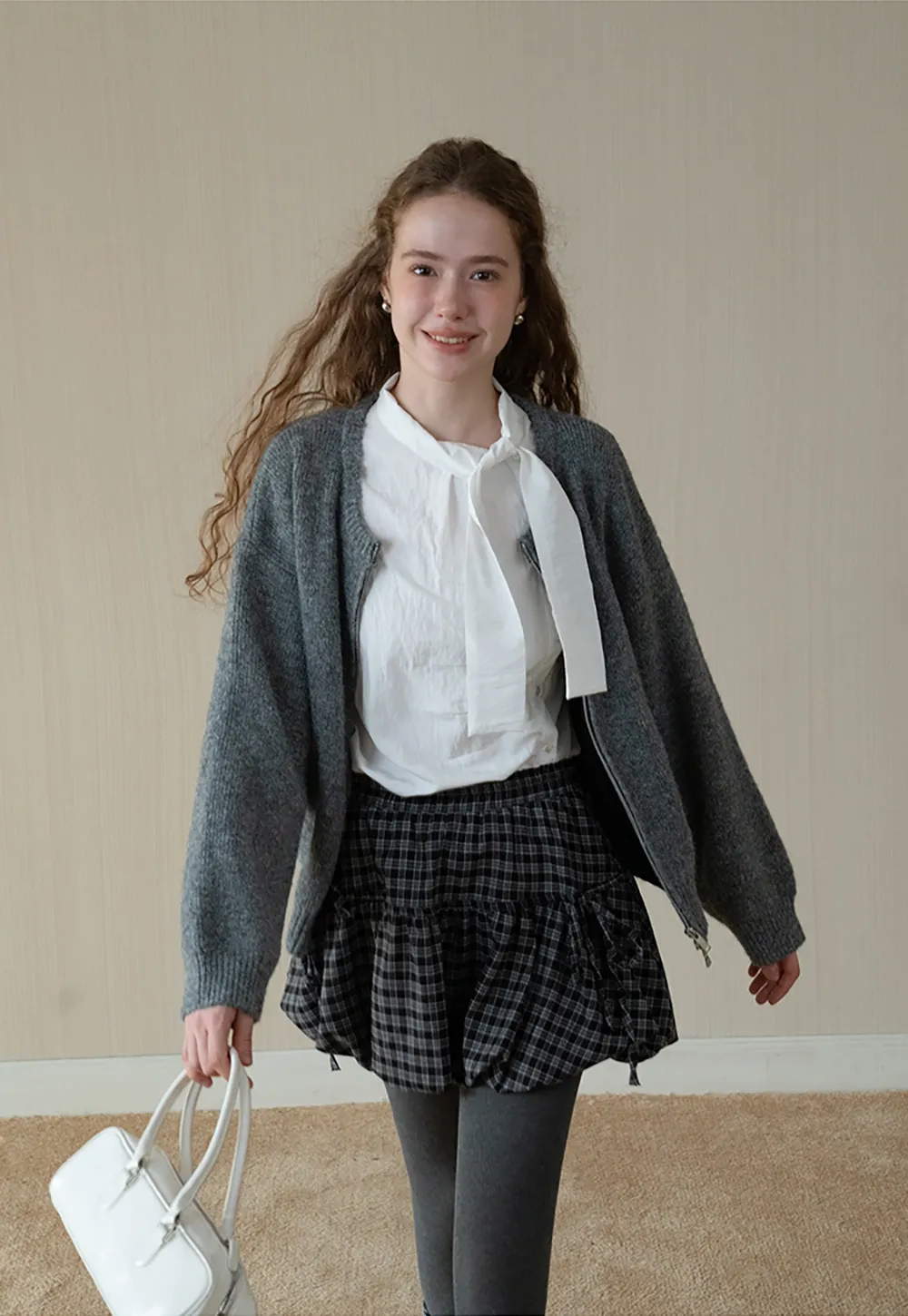 Womens Gingham Bow Tie Blouse Long Sleeve Shirt