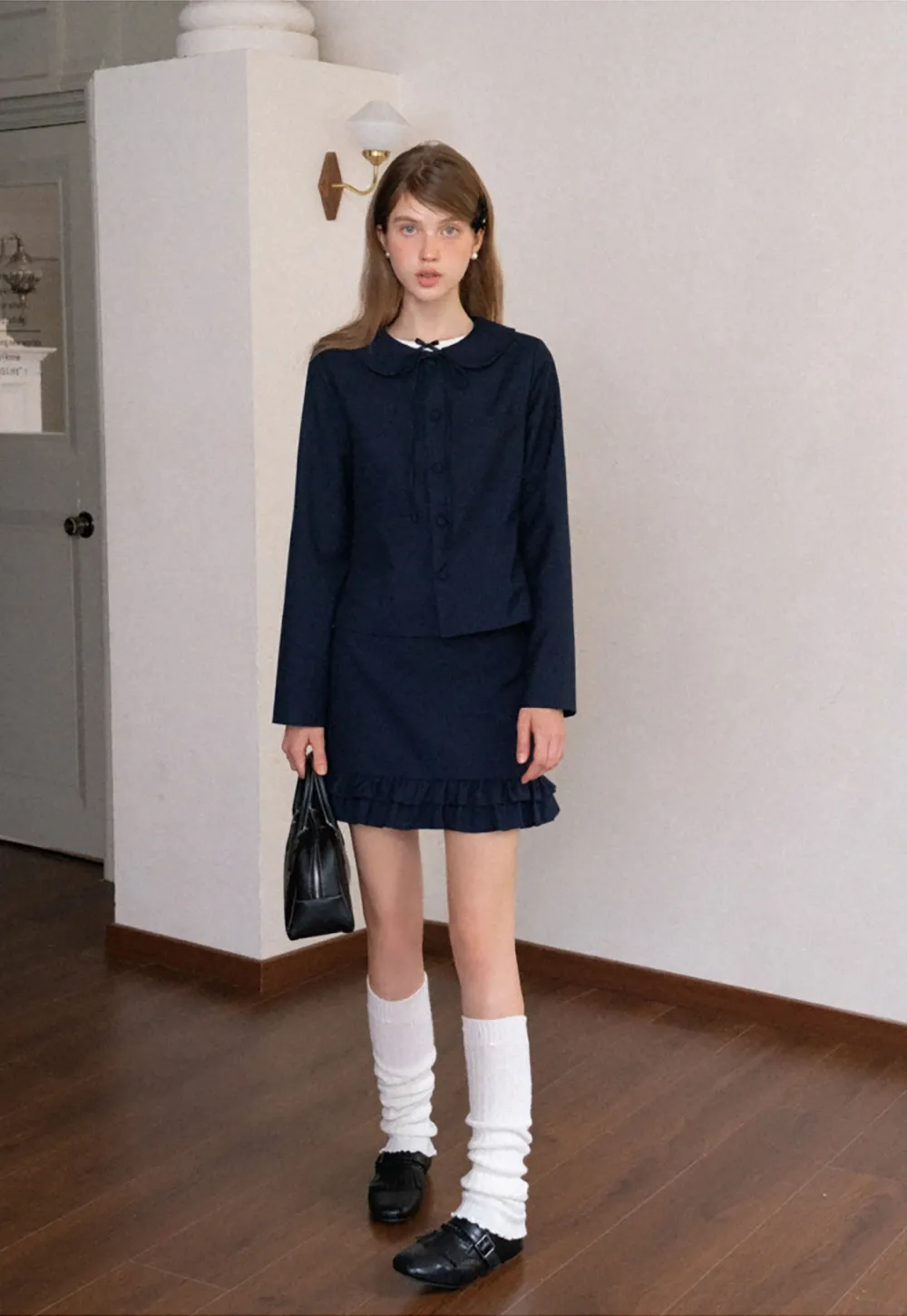 Womens Peter Pan Collar Jacket and Ruffle Hem Skirt Set