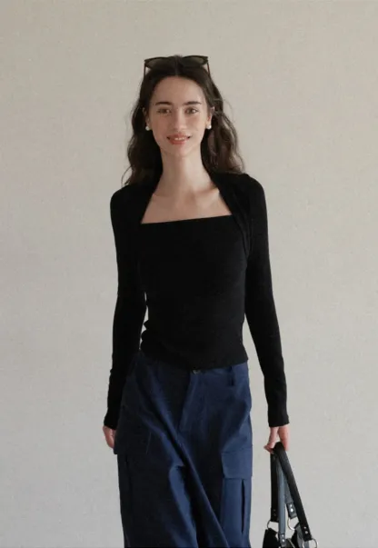 Square Neck Long Sleeve Slim Fit Top