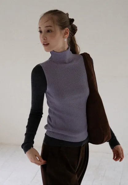 Womens Color Block Turtleneck Knit Top