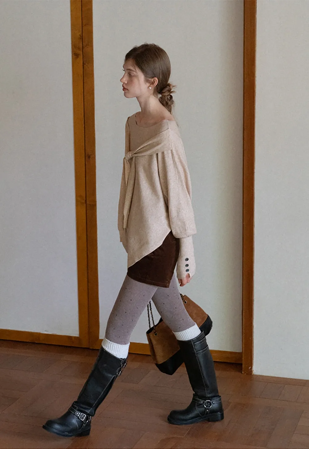 Womens Tie Collar Batwing Knit Sweater