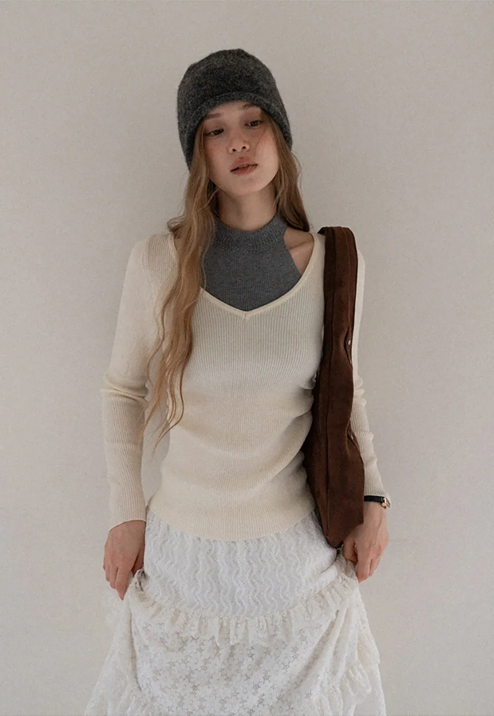 Women Cut Out High Neck Knit Pullover Slim Fit