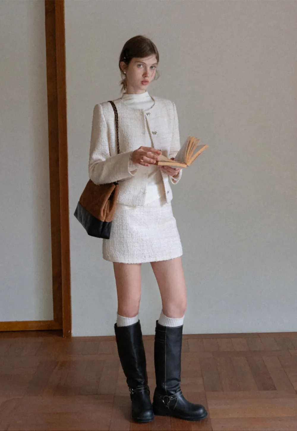 Women Cream White Lace Cuff High Neck Tee