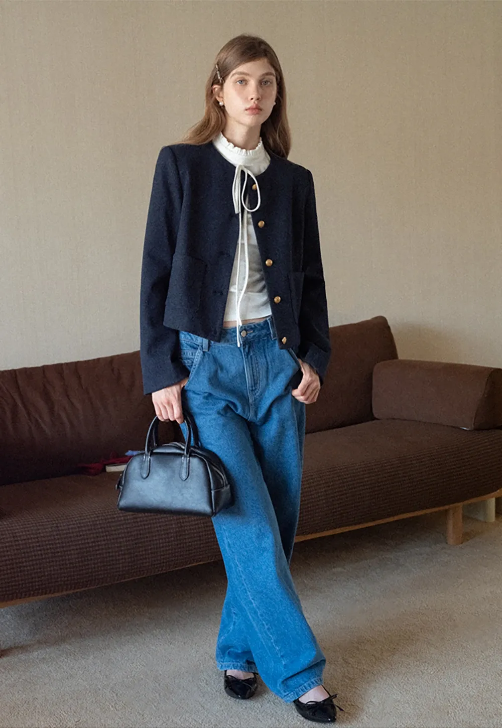 Ruffle Mock Neck Knit Top for Women Winter