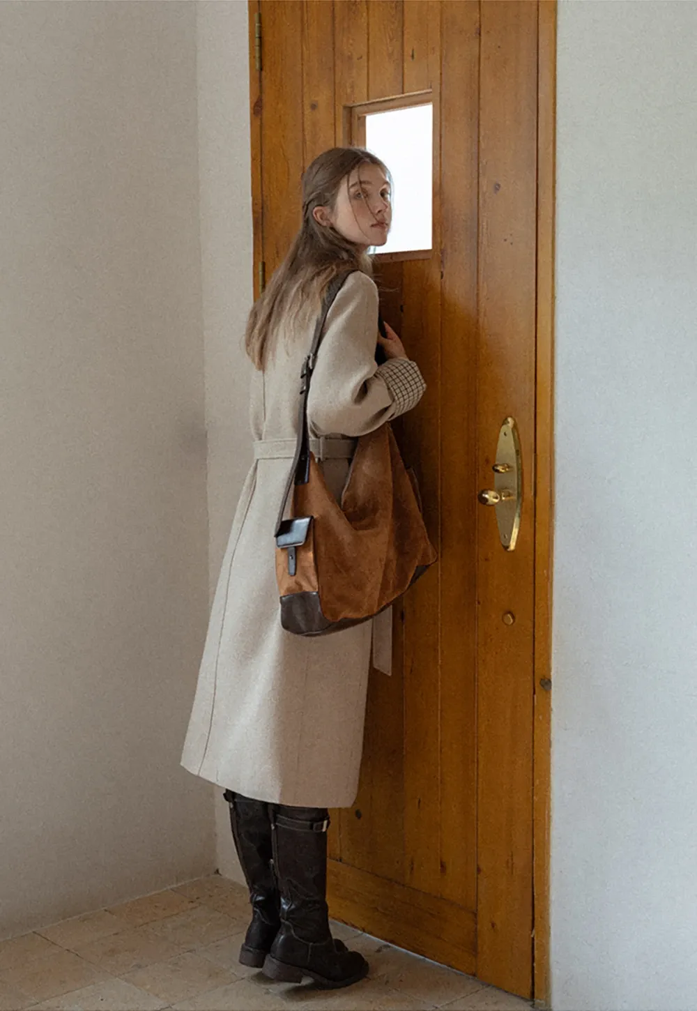 Womens Stand Collar Toggle Wool Coat with Plaid Trim