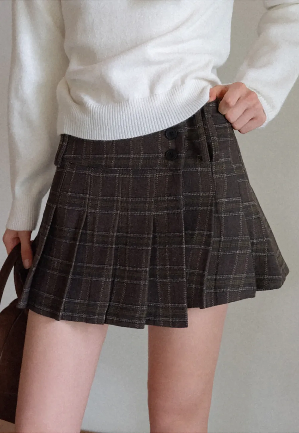Womens Plaid Pleated Mini Skirt with Button Detail