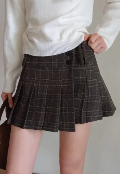 Womens Plaid Pleated Mini Skirt with Button Detail