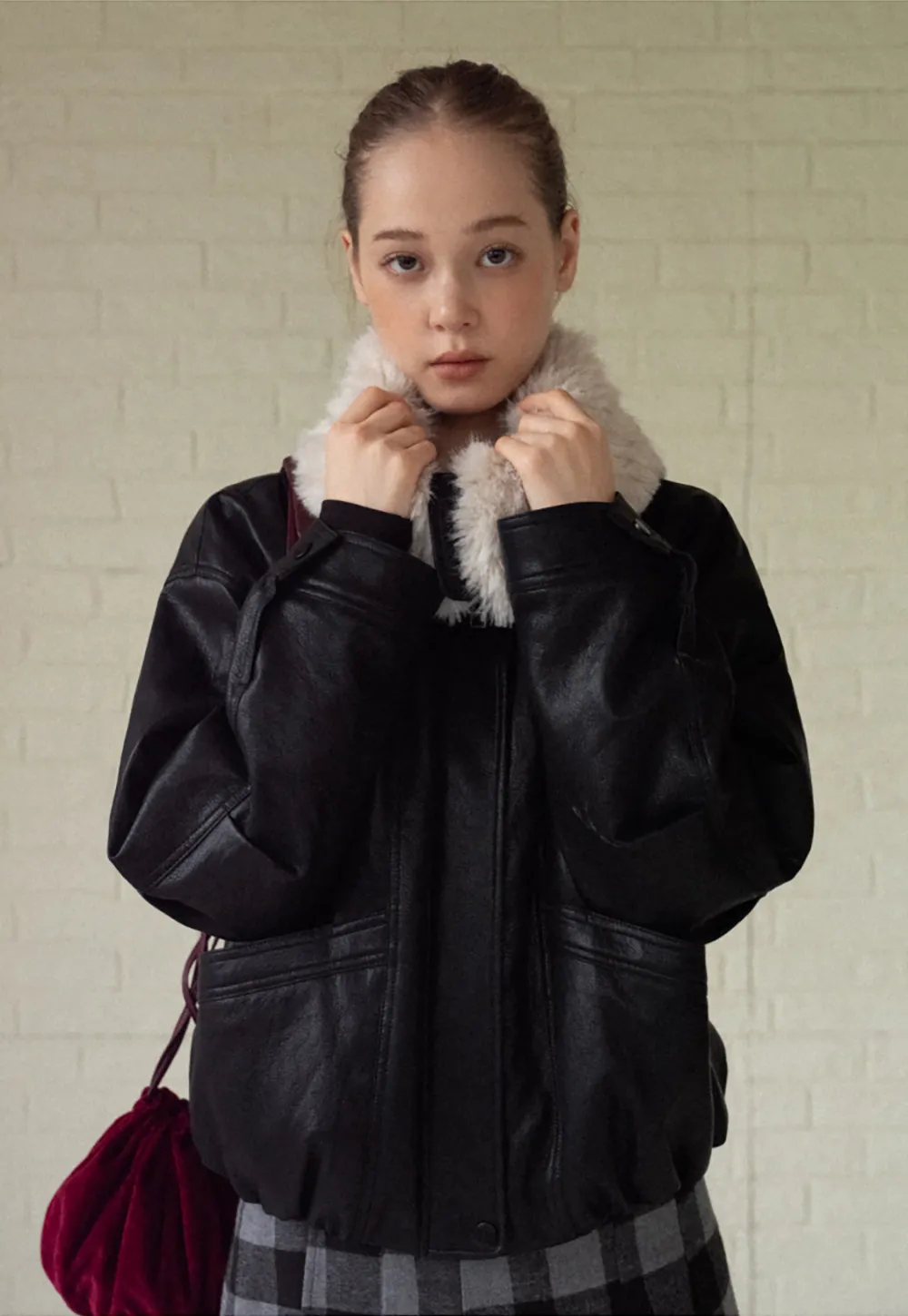 Faux Leather Jacket with Faux Fur Collar