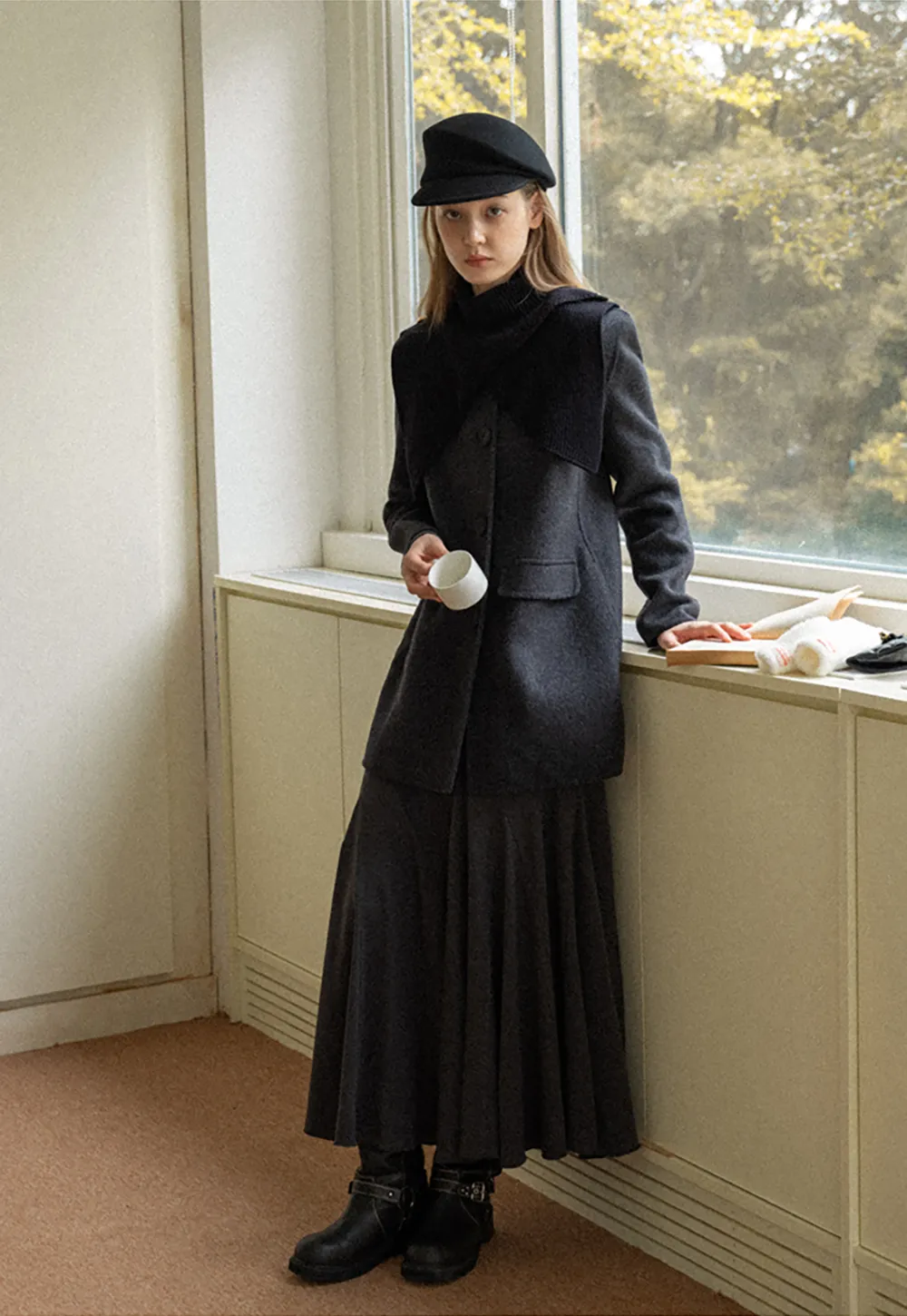 Ruched Waist Long Sleeve Midi Dress