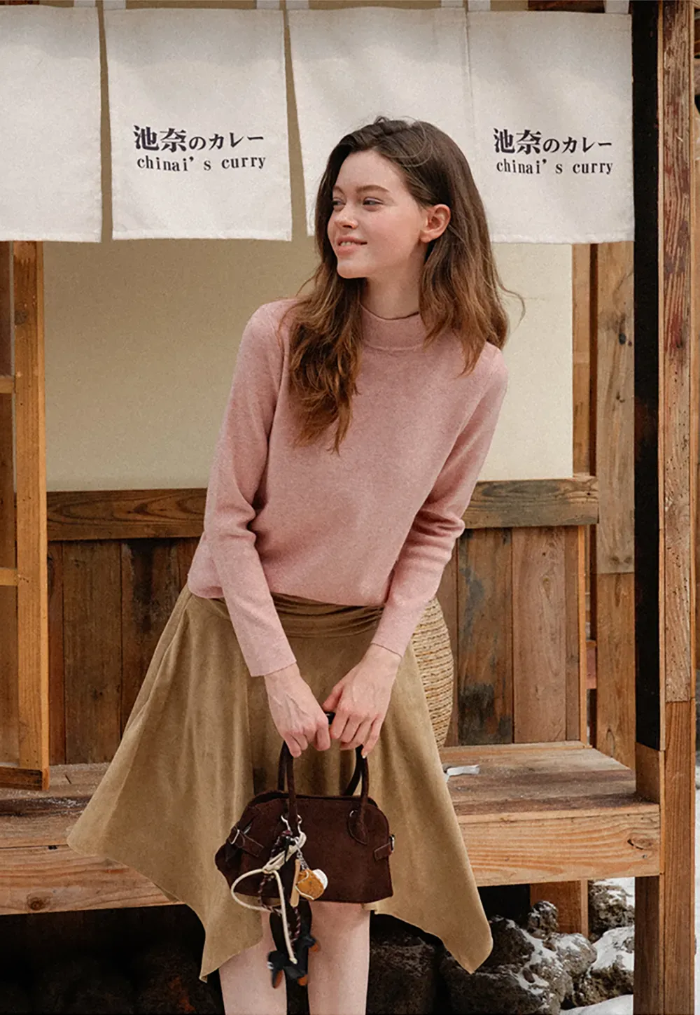 Ruched Waist Asymmetric Midi Skirt