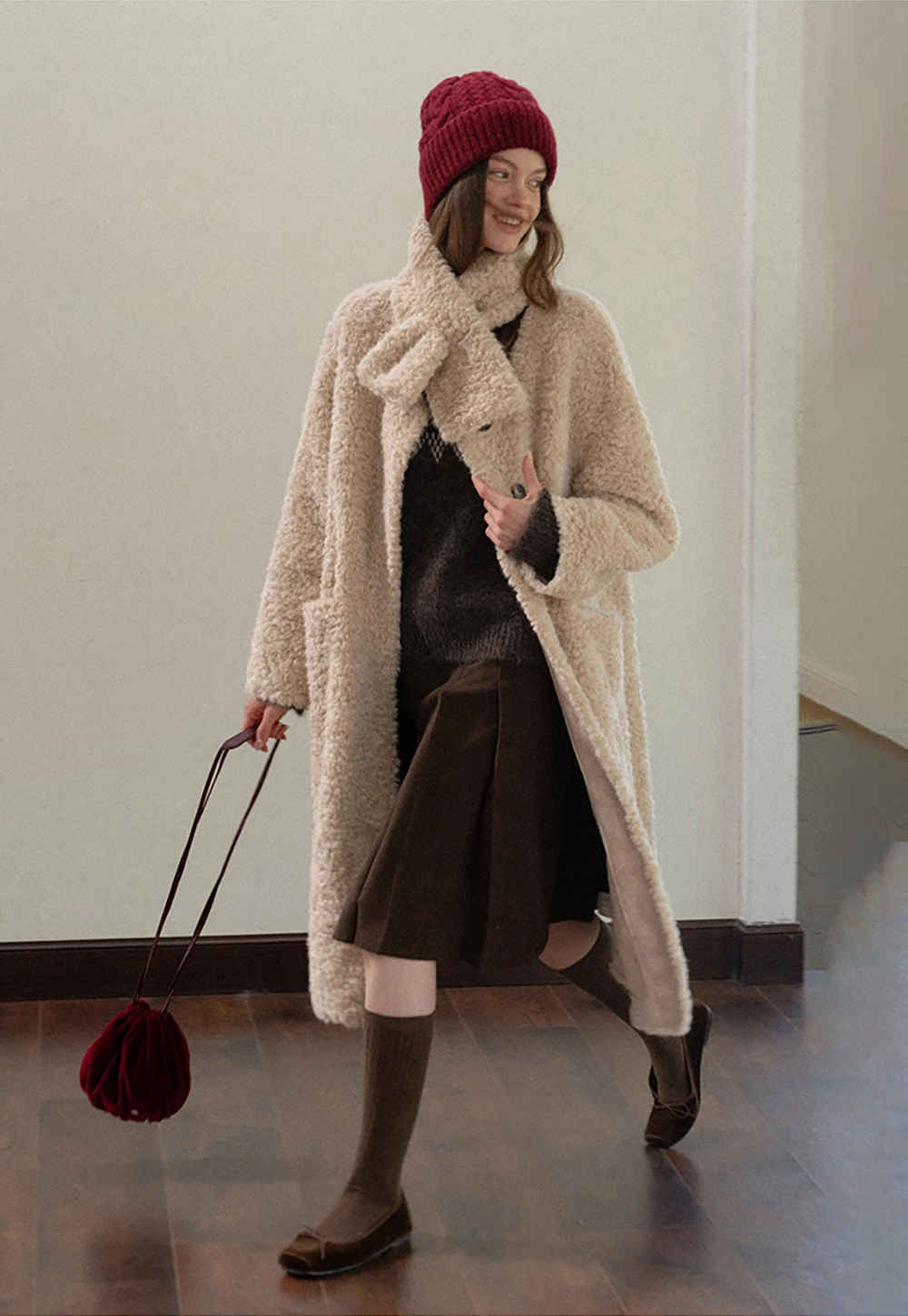 Women Long Fuzzy Teddy Coat with Attached Scarf