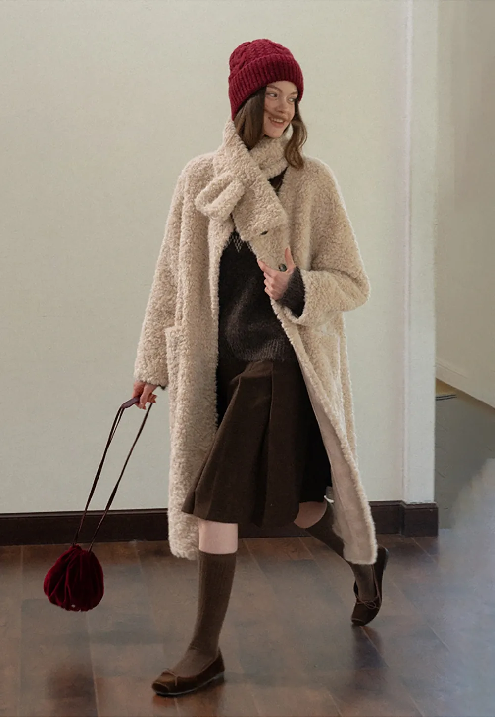 Women Long Fuzzy Teddy Coat with Attached Scarf