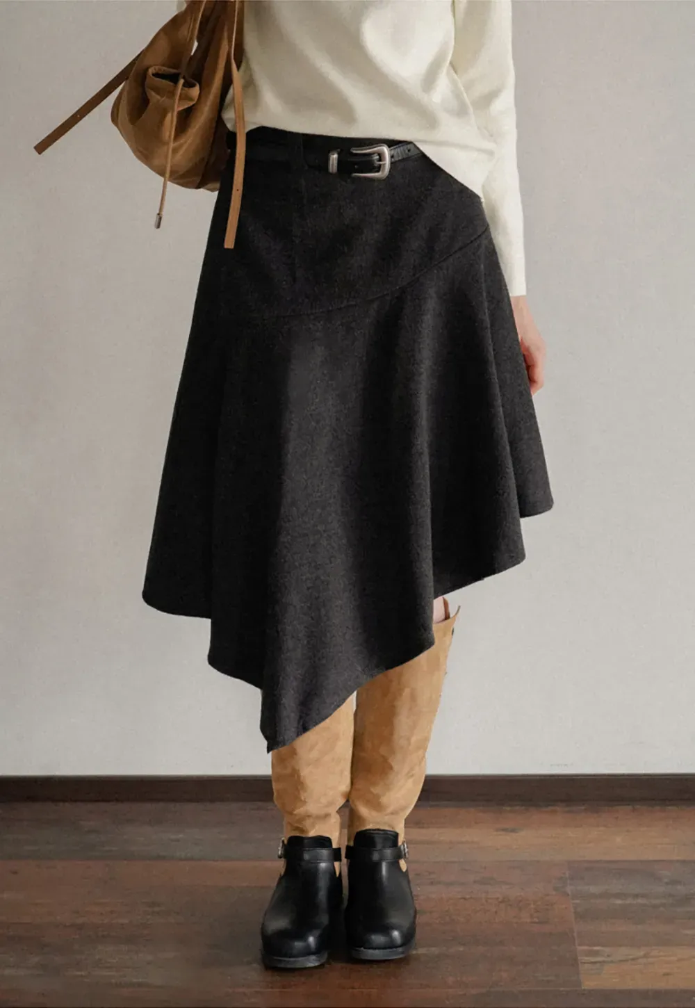 Asymmetric Wool-Blend Midi Skirt