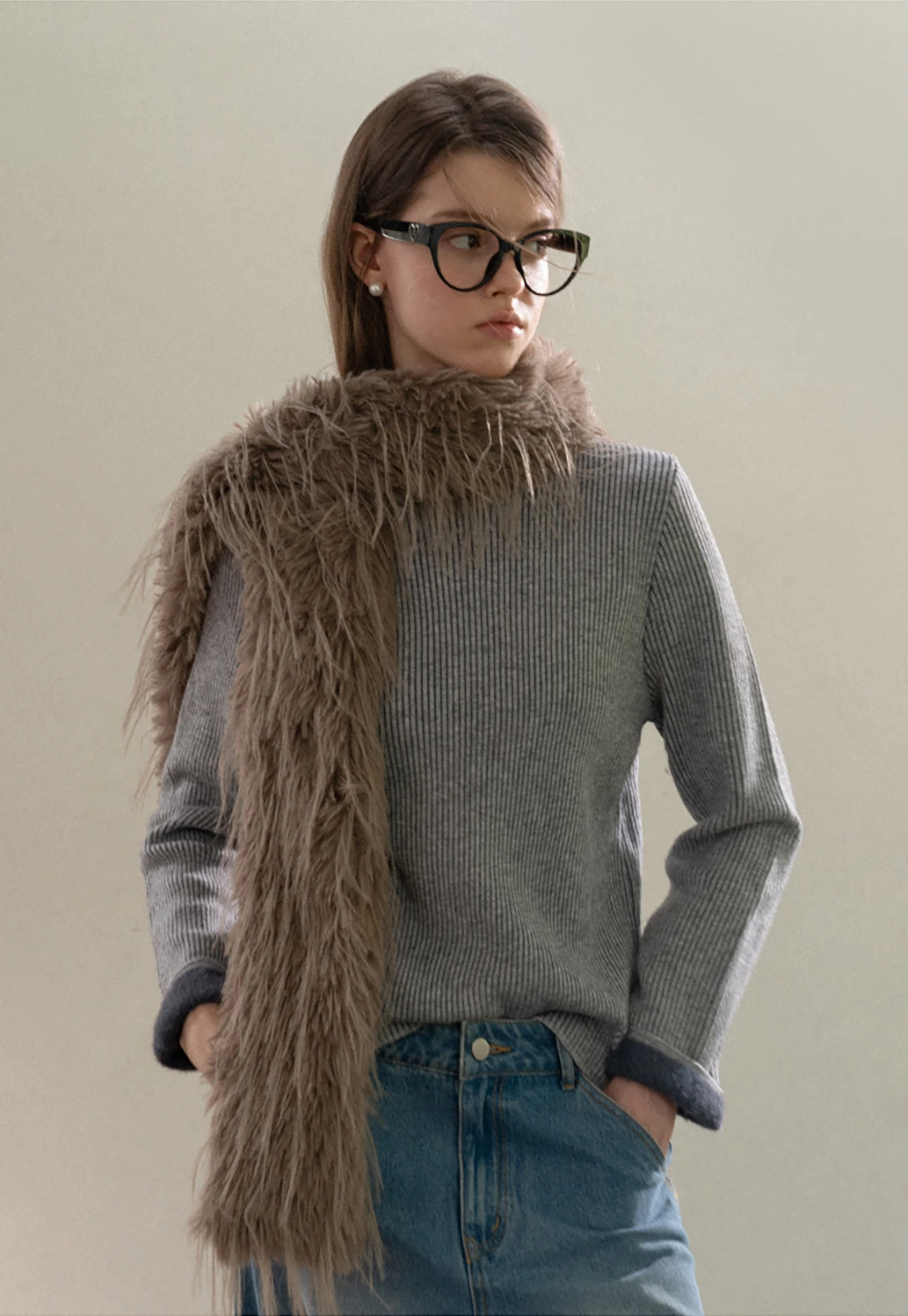 Stand-Collar Ribbed Fleece Knit Top