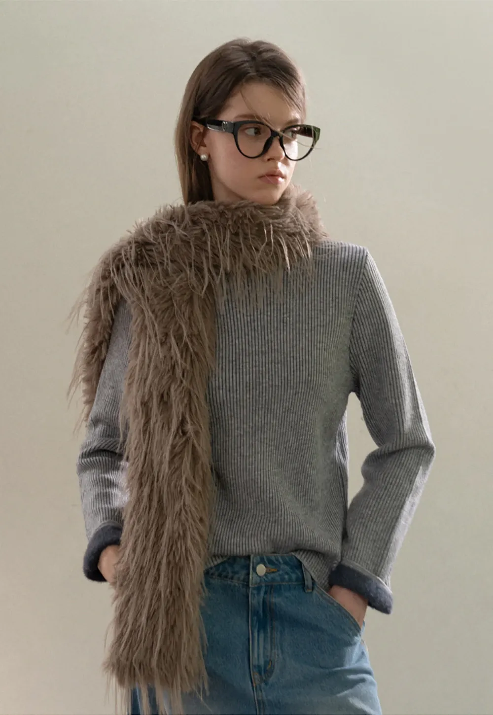 Stand-Collar Ribbed Fleece Knit Top